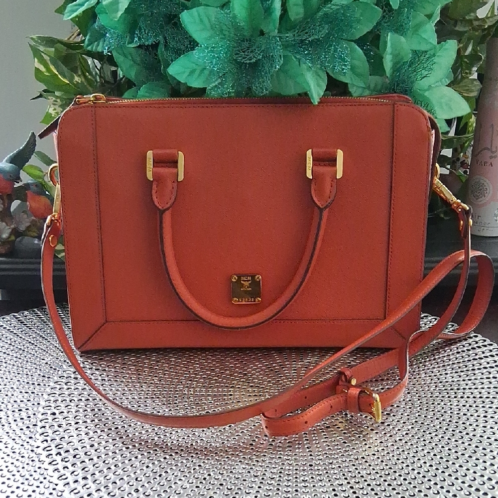 MCM Orange Satchel with Gold Accents, EUC